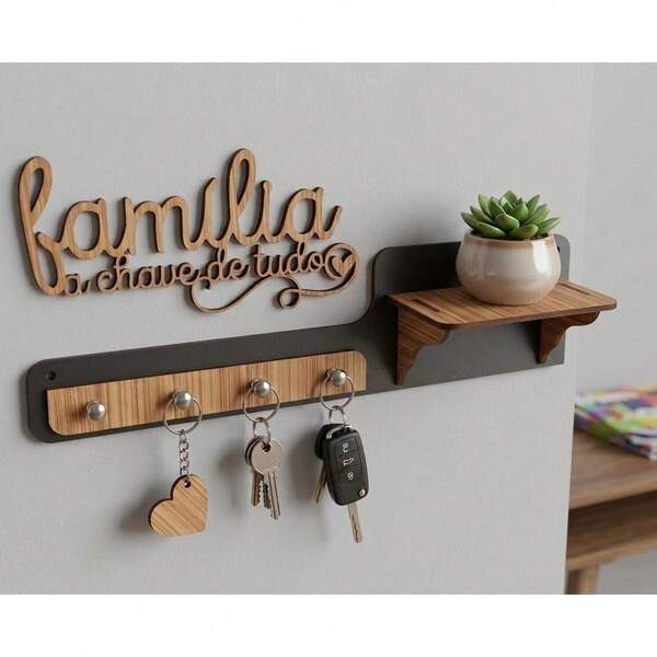 Porta-Chaves de Parede Decorativo MDF "Família" com Prateleira - Encanto MDF