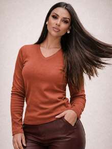 Women's Ribbed Knit V-Neck Long Sleeve Plush Blouse Casual Elegant Chic Comfortable Warm Autumn Winter 2026 Fashion  Bordeaux - 紅陶 - 查看 2