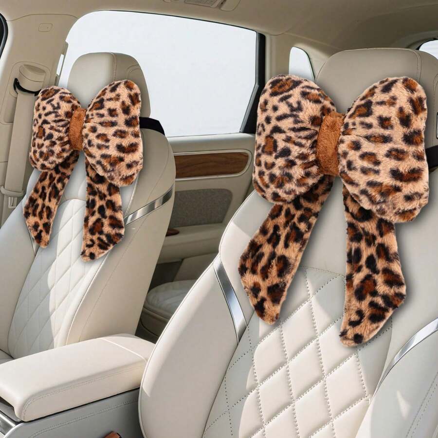 2 Pack Bow Car Headrest Pillow Comfortable Soft Plush Head Rest Cushion, Neck Pillow For Driving Office Use And Car Interior Decoration - Leopard - View 1