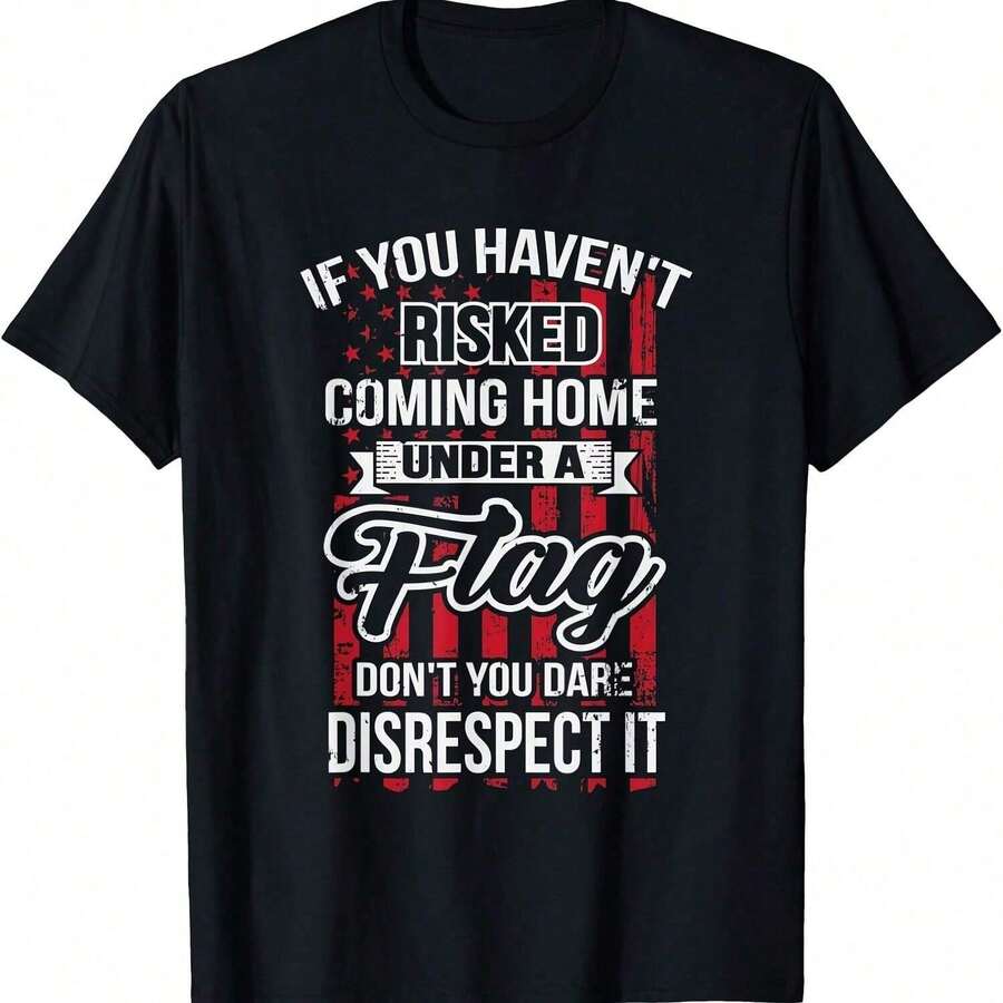 Unisex Flag Respect Text Crew Neck Patriotic Casual Summer Tee Black Tshirt AEMB - 黑色 - 查看 1