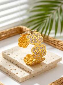 VceTd 1件浪漫風多彩琺瑯玫瑰設計不鏽鋼開口手鐲，適合女性，適用於婚禮、旅行或情人節送給愛人的禮物 - 金黃色 - 查看 6