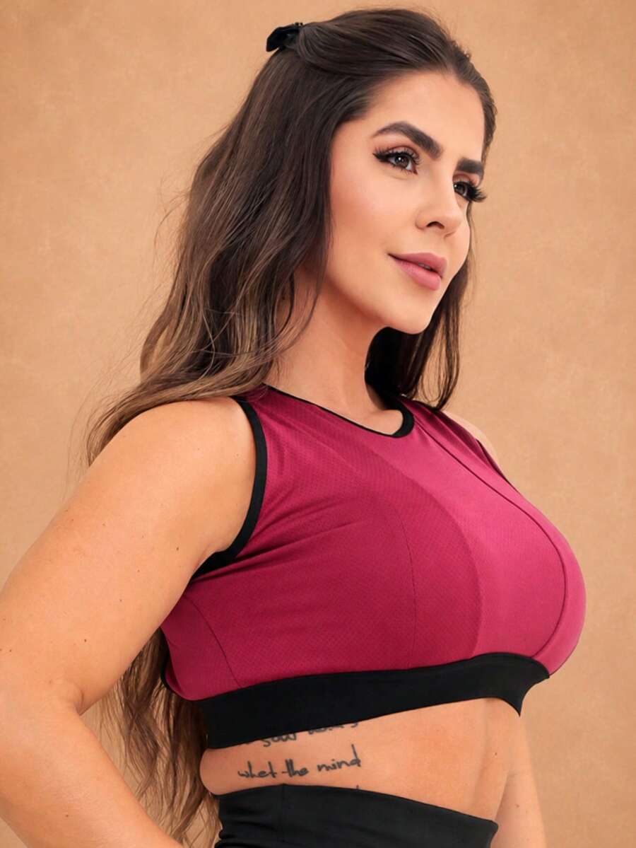 Women's Cropped Sports Fitness Top In Dry Fit Without Pads - Redwood - View 1