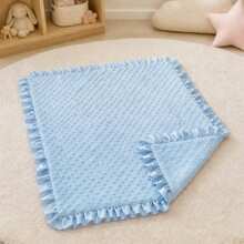 1 pieza Manta multifuncional para bebé, de doble capa de felpa de frijol, grosor medio, suave y amigable con la piel, con decoración de borde con volantes lindos, adecuada para niños y niñas - Volantes azules - Ver 3