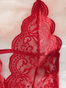 Body sexy de cuello alto sin espalda para mujer con encaje en la entrepierna y ribete de volantes - Rojo - Ver 8
