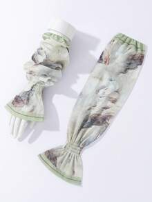 1 Pair Ink Print Chiffon Bell Sleeve Arm Warmers, Soft Thin Breathable Stylish Arm Covers - Light Green - 262 - View 4