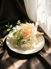 1件森系人造花葉與莓果胸花，時尚新郎與伴郎胸花，適用婚禮、派對、宴會及其他場合 - 杏色 - 查看 4