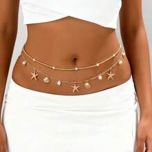 2pcs Classic Bohemian Vacation Style Gold-Tone Rice Bead Chain Waist Chain With Shell, Starfish, Faux Pearl Pendant, Detachable Double Layer Waist Chain For Daily Wear, Party, Date, Beach, Bikini, Elegant And Exquisite Women's Waist Chain - Golden Two-piece Suit - View 1