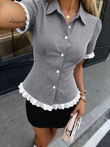 Women's Blue Plaid Patchwork Ruffle Trim Fitted Casual, Commute, Daily, Holiday, Afternoon Tea, Work Short Sleeve Blouse Shirt Summer - Navy Blue - View 2