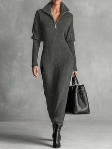 Gaun Rajut Bergaris Leher Tinggi Setengah Resleting Elegan untuk Wanita, Gaya Busana Jalanan Minimalis Elegan untuk Berbelanja dan Aktivitas Sehari-hari di Musim Gugur - Dark Grey - View 5