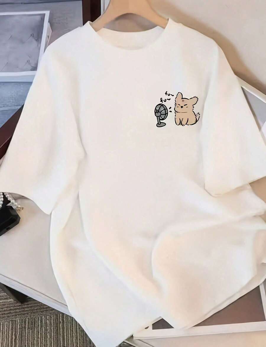 Camiseta de manga corta con cuello redondo y estampado de letras sencillo, camisetas gráficas casuales para mujer, id haut femme été short - Blanco - Ver 1