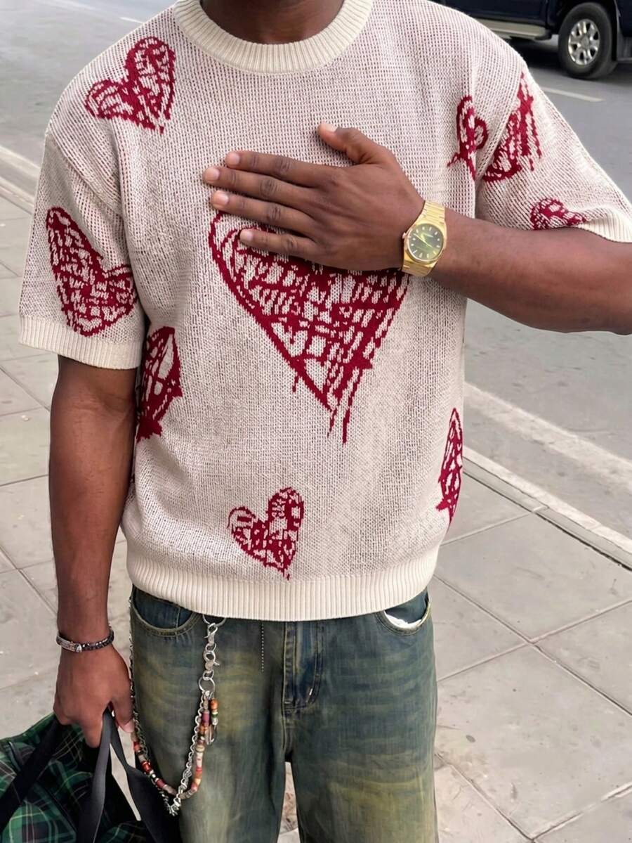 Men's Unisex Round Neck Knit Short Sleeve Loose Street Casual Versatile Commute Heart Print Spring Summer Top - Apricot - View 1