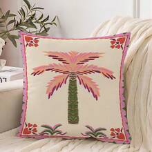 1pc Pink Hand-Painted Palm Tree Border Print Pillow Case, Classic Pastoral Style Polyester Square Single-Sided Zipper Closure Cushion Cover Without Pillow Insert, Living Room Sofa Balcony Homestay Flower Shop Spring Summer Home Decor - Pink - View 3