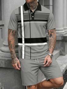 Men's Business/Casual Striped Short Sleeve Polo Shirt And Shorts Set - Light Grey - View 4