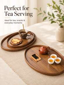 Oval Walnut Color Minimalist Premium Bamboo Tray With Handle, Multiple Sizes, Suitable For Plates, Food, Snacks, Drinks, Cakes, Bread, Ideal For Home, Office, School, Outdoor Camping, Wedding, Breakfast, Dinner, Platter - Maroon - View 1