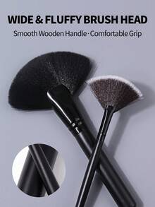 2pcs Black Wooden Handle Portable Makeup Brush Set, Beginner Facial Highlighter Powder Contour Beauty Tool Set - Black - View 5