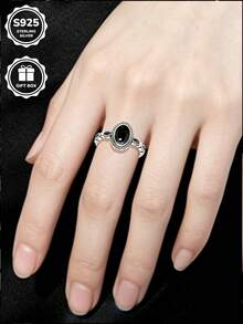 1pc S925 Sterling Silver Inlaid Synthetic Black Zirconia Vintage Oval Ring, Women's Daily & Party Wear, Gift Box Included - Silver - View 8