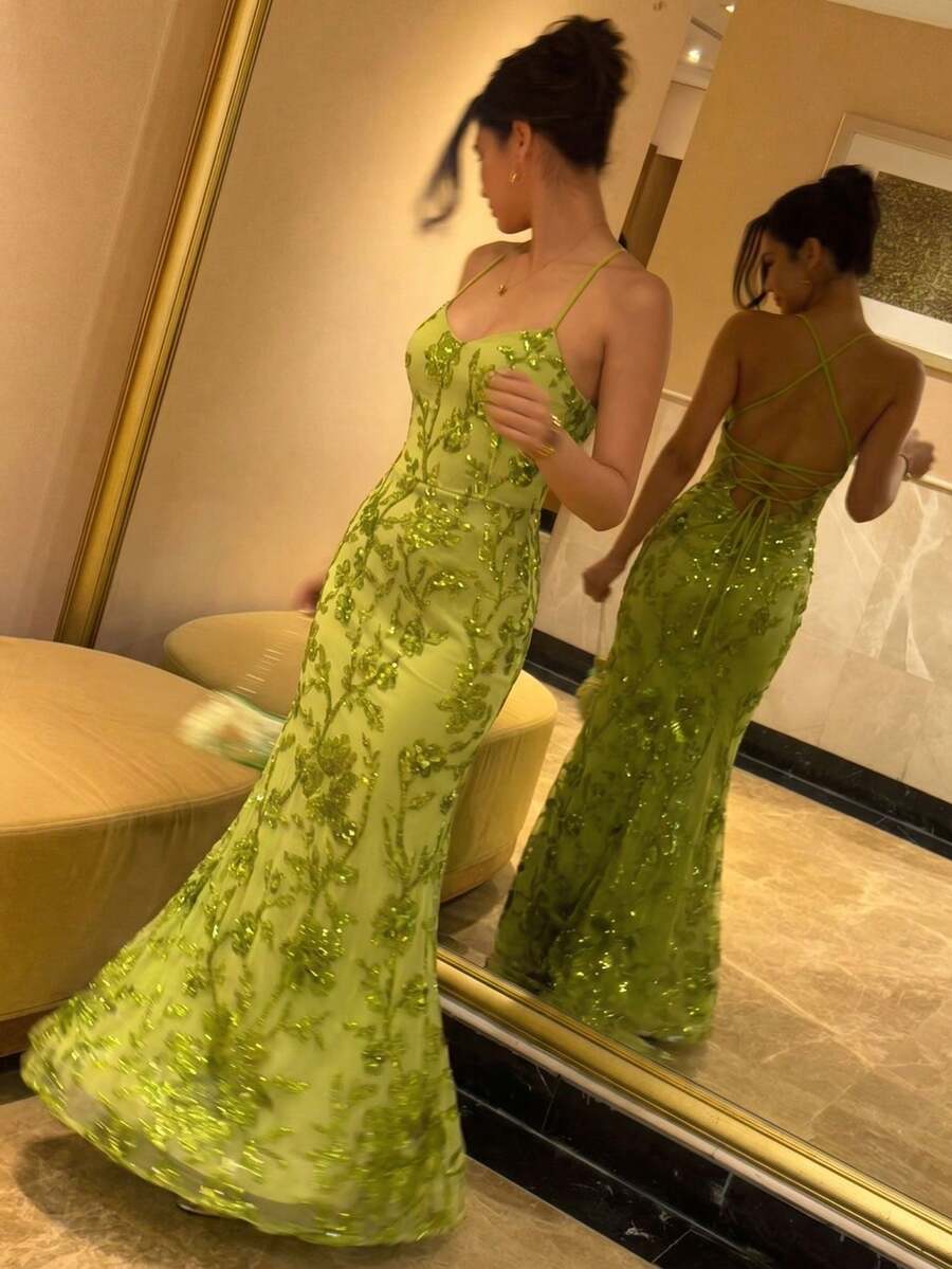 優雅閃亮亮片拼接針織面料浪漫性感派對洋裝 秋季婚禮 - 綠色 - 查看 1