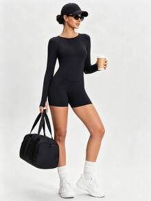 Black Backless Jumpsuit With Thumb Holes Y2K Street Style Fitness Set Tight-Fitting - Black - View 6