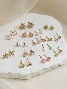 15 Pairs Cute Fashionable Flower Rhinestone Bow Square Letter Minimalist Stud Earrings Set For Women, Suitable For Daily Wear, Vacation, Jewelry Gift - Multicolor - View 2