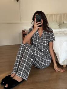 Dreamivo Women's Black & White Plaid Contrast Color White Trim Notch Neck Short Sleeve Straight Leg Pants 2-Piece Pajama Set - Multicolor - View 4