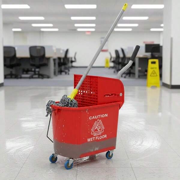 Cleaning Trolley With Bucket For Household Cleaning, 20 L Capacity, With Wringer And Separate Clean/Dirty Water Container, Red, 60L X 27W X 70.5H Cm-XY421986