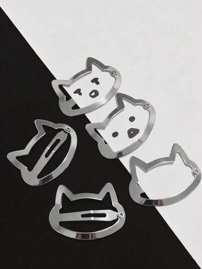30/5pcs Women's Silver Cat Hair Clips Y2K Metal Snap Hair Clips Hollow Cat Face Hair Pins Cute Minimalist Non-Slip Hair Accessories