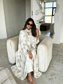 Floral Print Open Front Abaya With Matching Hijab Set, Loose Long Sleeve Modest Kaftan Robe, Muslim Women Size R - Multicolor - View 1