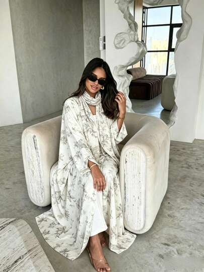 Floral Print Open Abaya With Matching Hijab Set, Loose Long Sleeve Modest Kaftan Robe, R Muslim Women