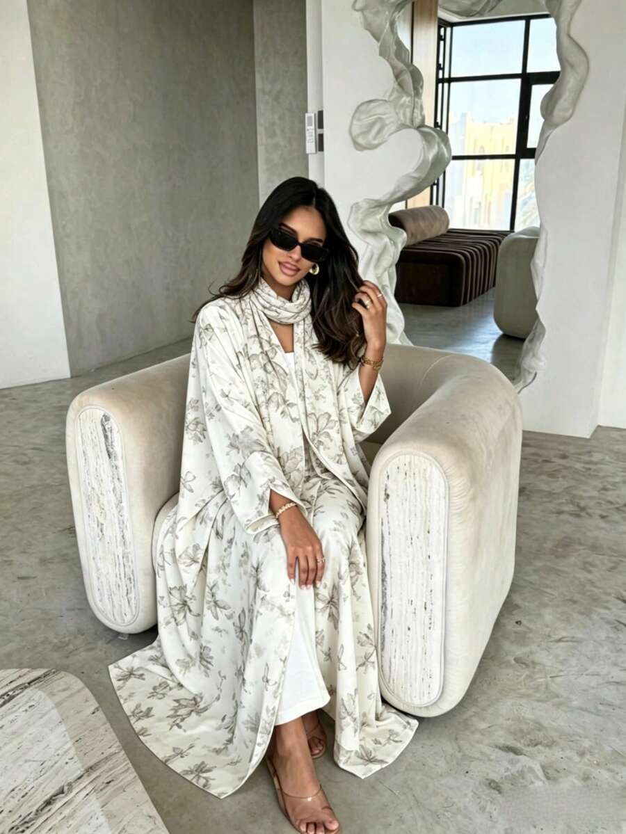 Floral Print Open Front Abaya With Matching Hijab Set, Loose Long Sleeve Modest Kaftan Robe, Muslim Women Size R - Multicolor - View 1