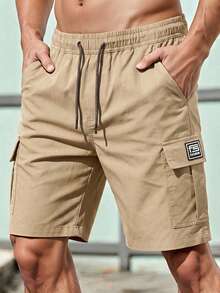 Men's Casual Solid Color Cargo Shorts, Summer Men's Sports Shorts, Drawstring Waist, Large Capacity Pockets, Suitable For Daily Outings, Casual Sports And Multiple Occasions - Khaki - View 6