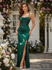HOMEYEE Vestido Longo Ajustado com Espinha de Peixe Verde Escuro para Mulheres, Vestido de Festa com Fenda Lateral Sereia para Ocasião Formal, Trabalho Pesado, Casamento, Outono - Verde Escuro - Visão 1