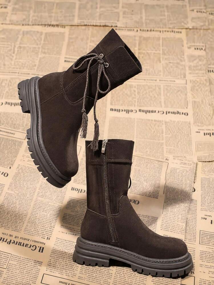 Sepatu Bot Wanita Elegan, Modis, Sol Tebal, Warna Polos, Dekorasi Tali Samping, Ujung Bulat, Resleting Samping, Model Fashion 2026, Sepatu Bot Modis Musim Gugur, Sepatu Bot Elegan untuk Pernikahan dan Aktivitas Luar Ruangan - Coklat - View 1