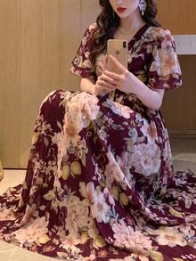 女款新款優雅浪漫花卉修身喇叭裙 夏季度假 - 酒紅色 - 查看 6