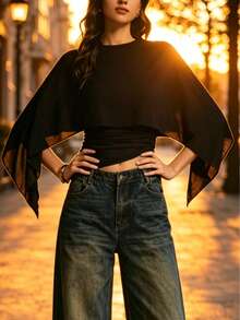 2026 Summer Women's Sexy Off-Shoulder Asymmetric Draped Sleeve Chiffon Cropped Top, Suitable For Party, Date, Vacation - Black - View 3