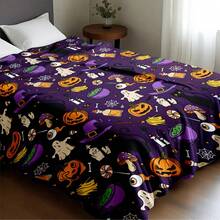 1pc Halloween Pumpkin Black Cat Ghost Witch Pattern Print - Spooky Cute Style - Soft Fluffy Throw Blanket - Microfiber - Multicolor - View 7
