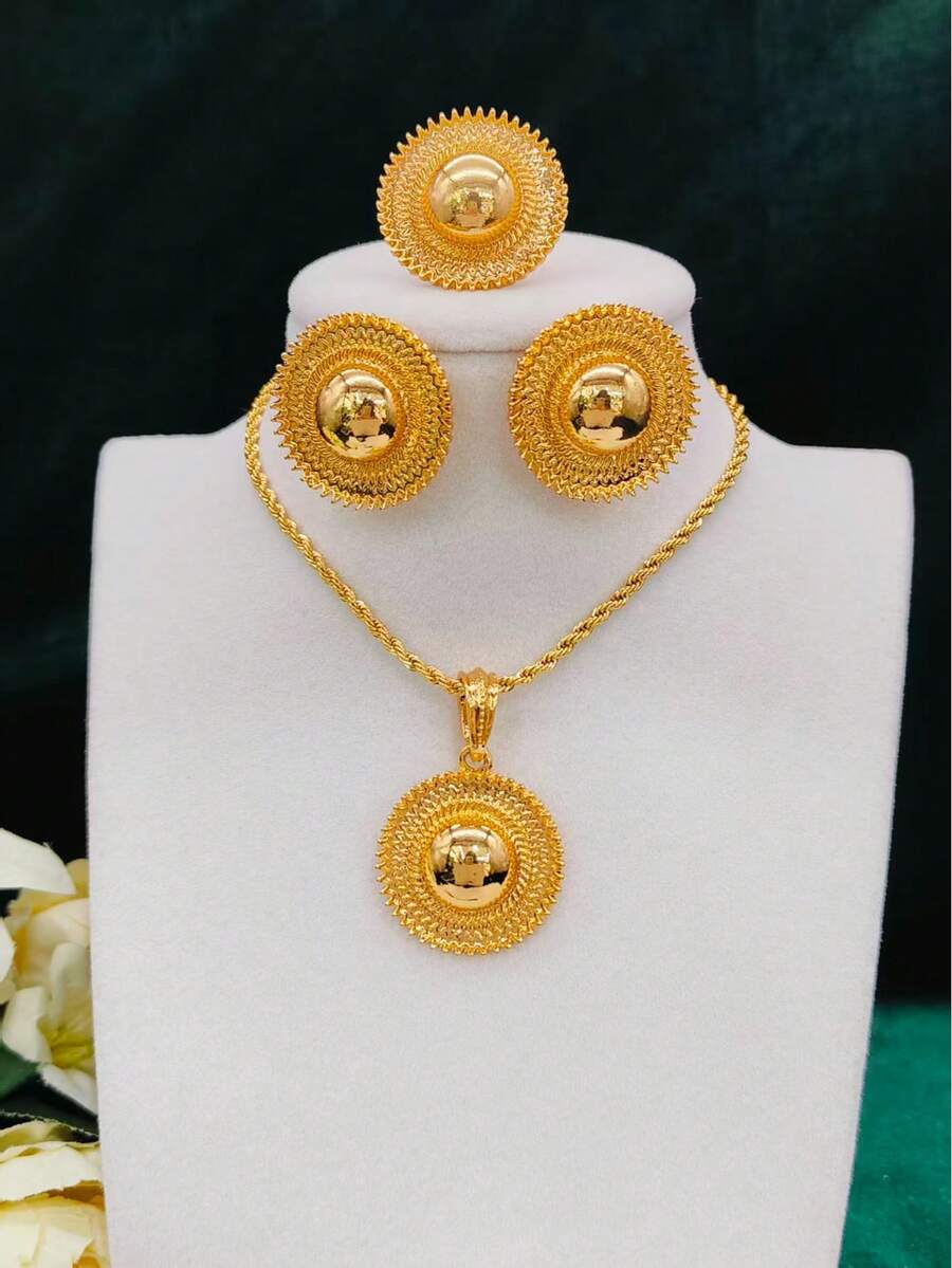1 Set Fashion Women's Round Pendant Gold Jewelry Set Necklace Earrings Ring European American African Middle Eastern Dubai Saudi Arabian Bridal Wedding Banquet Date Dress Accessories Mother's Day Valentine's Day Wedding Season Birthday Holiday Gift For Mom Girlfriend Sister - Yellow Gold - View 1