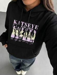 大尺碼 KATSEYE 粉紫色漸層印花連帽衫，酷炫獨特設計，附抽繩帽、口袋與連帽，休閒黑色 - 黑色 - 查看 9