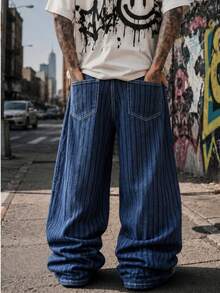 Whitmere Men's Slouchy Vertical Striped Casual Pants, Summer American Hip Hop Wide Leg Curved Hem Retro Loose Floor-Length Trousers - Blue - View 4