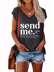 Plus Size Women Top Send Me Isaiah 6:8 Bible Verse Letter Print Sleeveless Tee Christian Casual Outfit - Dark Grey - View 1