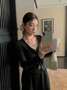 黑色針織薄款女式 INS 上衣 夏季防曬短款外套 空調防冷罩衫 秋季 - 黑色 - 查看 7