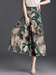 Elegant Autumn/Winter Wide Leg Pants, Bohemian Style Floral & Leaf Print, Slimming High Waist - Multicolor - View 5