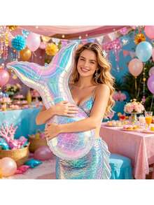 1pc Iridescent Mermaid Tail Aluminum Foil Balloon, Suitable For Birthday Party Decoration, Theme Party Setup, Bachelorette Party Decoration, Ocean Theme Decor - Colorful Mermaid Tail - View 3