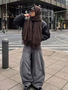 1件秋冬時尚優雅純色羊毛保暖披肩圍巾，中性休閒防寒流蘇披肩，適合情侶日常穿著 - 深咖色 - 查看 3