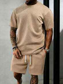 2pcs/Set Spring Summer Bright Color Hawaiian Print Short Sleeve Crew Neck Top And Shorts, Men's Sportswear Set - Khaki - View 1