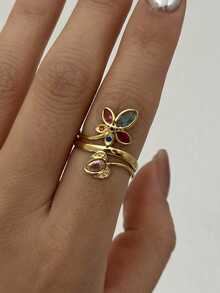 1 buah Cincin Daun Zirkonia Pelangi Wanita Emas 18K Baja Tahan Karat Cincin Pita Terbuka Gaya Prancis - Emas - View 1