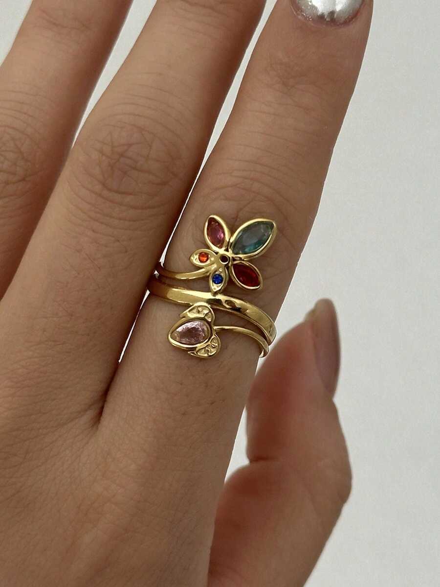 1 buah Cincin Daun Zirkonia Pelangi Wanita Emas 18K Baja Tahan Karat Cincin Pita Terbuka Gaya Prancis - Emas - View 1