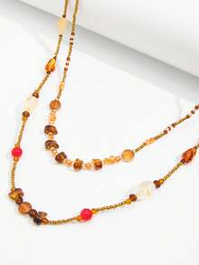 1pc Vintage Elegant Elegant Asymmetric Faux Crystal Beaded Multi-Layer Stacked Necklace, Fashionable Personalized Design Baroque Round Bead Long Tassel Necklace Ornament Suitable For Women's Daily, Wedding, Vacation, Party Wear - Gold - View 2