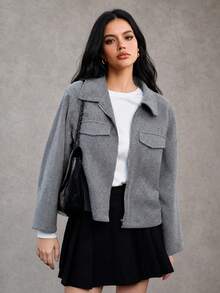 Mantel Wanita Ukuran Besar, Jaket Lengan Pendek dengan Kerah, Cocok untuk Kegiatan Sehari-hari dan Perjalanan. - Grey - View 3