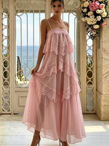 Women's Lace Asymmetrical Elegant Long Ruffle Hem Maxi Dress, Sleeveless Fashion Graduation Prom Party Evening Gown Wedding, For Her Fall - Baby Pink - View 4