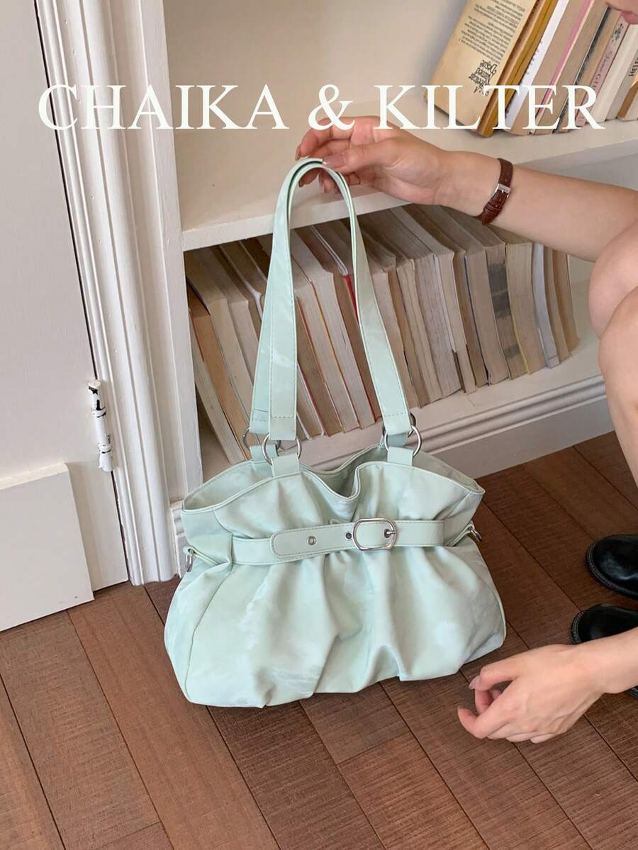 CHAIKA & KILTER 1pc Solid Color PU Fabric Tote Bag, Women's Fashion Shoulder Tote Bag, Double Handle Design, Zipper Closure, Strap Decoration, Suitable For Daily And Street Use
